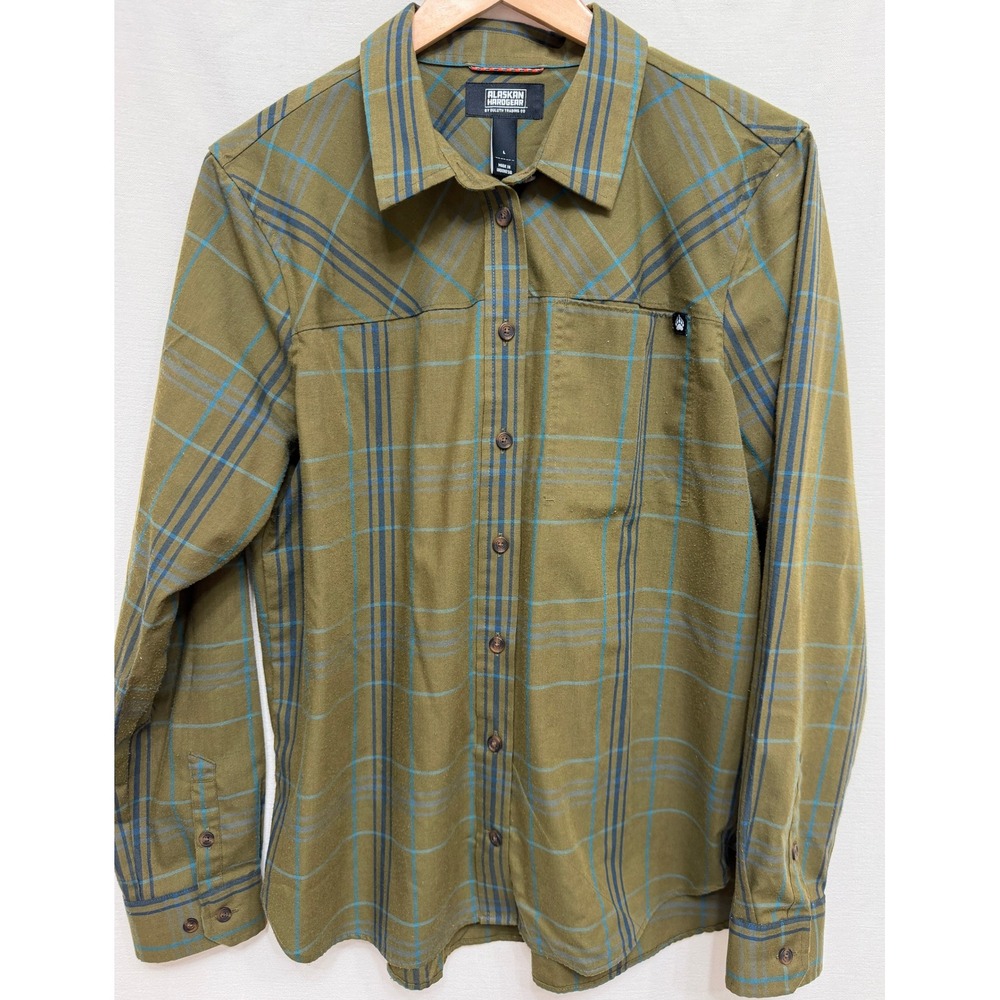 Alaskan Hardgear Duluth Trading Co Plaid Shirt Large Olive Green Blue Wool Blend